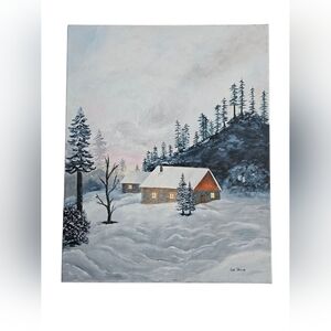 Winter Landscape Painting with Snowy Cabin Nestled among The Pines Signed .